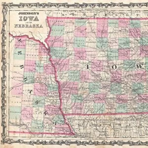 1862, Johnson Map of Iowa and Nebraska, topography, cartography, geography, land