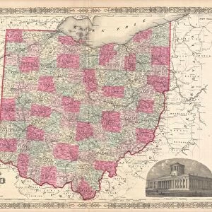1864, Johnson Map of Ohio, topography, cartography, geography, land, illustration