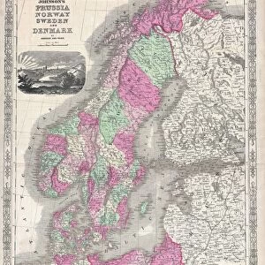 1864, Johnson Map of Scandinavia, Norway, Sweden, Denmark, Prussia, topography, cartography