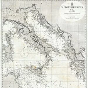 1868, British Admiralty Chart or Map of the Mediterranean Sea, Italy, Corsica, Greece
