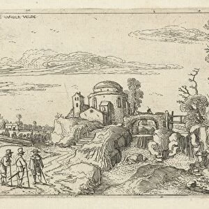 Bridge over waterfall next round building with a dome, Esaias van de Velde, 1615