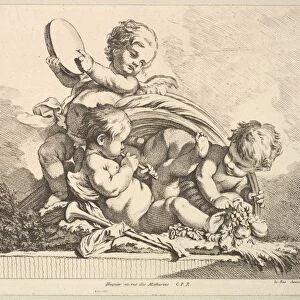 Three Cupids Two Playing Music Holding Palm Leaves