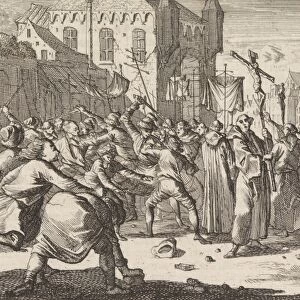 In Danzig a procession is greeted by people throwing stones, 1678, print maker: Caspar