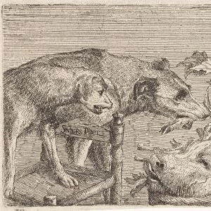 Two dogs and a basket with food, print maker: Anonymous, Frans Snijders, 1593 - 1707