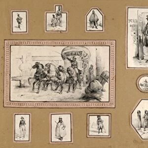 Drawings Prints, Print, 13 mounted prints depicting carriage scene center surrounded various men