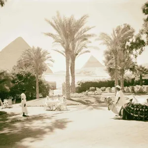 Egypt Cairo Hotels Mena House Front garden two pyramids