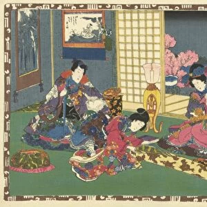 Elegantly dressed man and woman sitting on pillow, looking at woman playing the koto