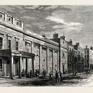 EXTERIOR OF THE TOTTENHAM STREET THEATRE, 1830. London, UK, 19th century engraving
