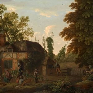 Hop Pickers Outside a Cottage Signed in light green paint, lower left: Geo