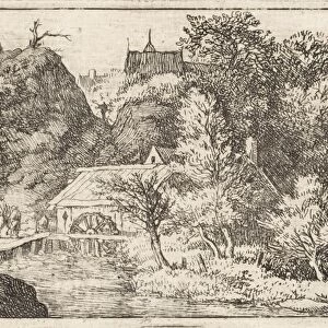 Landscape with views of three people at a watermill, behind the mountains are some