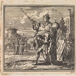 Man is burdened by the weight of the dignitary on his back, whose cloak is carried