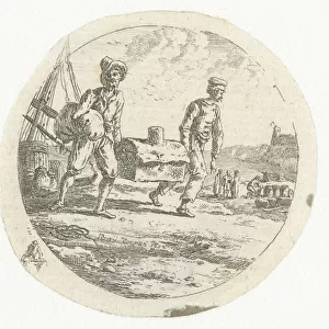 Two men chest Two men carrying suitcase beach