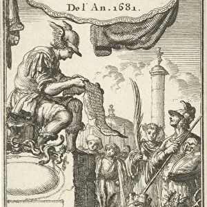 Mercury reads a document, Jan Luyken, Hendrick Boom, Dirk Boom (I, wed. ), 1681