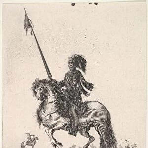 Mounted cuirassier holding lance upright riding towards left