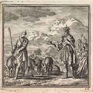 Pig farmer refuses the crown that he is offered by a king, Jan Luyken, wed