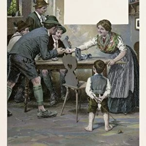 In the pub by Josef Mukarovsky, 1851-1921, German. man, woman, child, boy, beer jug