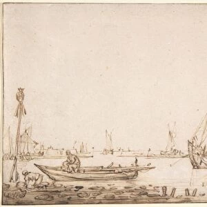 River Scene Boats 17th century Pen brown ink