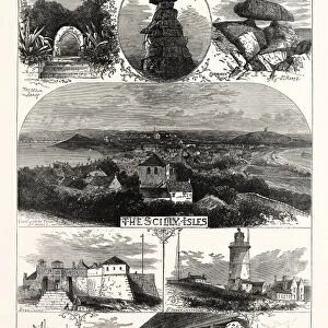 Sketches in the Scilly Isles, 1874. Chrysalis Rock, Star Castle, St. Agnes Lighthouse