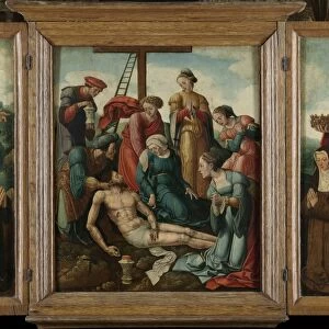 Triptych with the Lamentation of Christ (center), flanked by the male Donor with