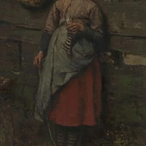 Villagers girl leaning wooden fence knitwear