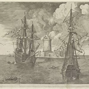 Three warships at anchor near a lighthouse, print maker: Frans Huys, Pieter Brueghel I