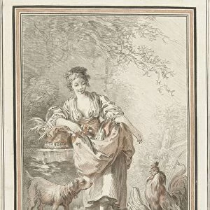 Young woman dog rooster hen adolescent young woman