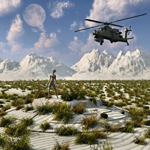 An AH-64 Apache Black Ops helicopter flying to a UFO landing site
