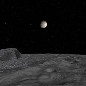 Artists concept of a view across the surface of Themisto towards Jupiter and its moons