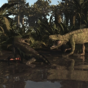 Batrachotomus confronts a Nothosaurus in the Triassic period