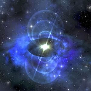 A brilliant star sends out magnetic waves out into surrounding space