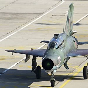 A Bulgarian Air Force MiG-21UM jet fighter taxiing