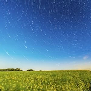 Circumpolar star trails over a canola field in southern Alberta, Canada