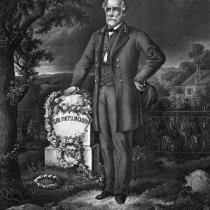 Civil War print of General Lee visiting the grave of General Thomas Jackson