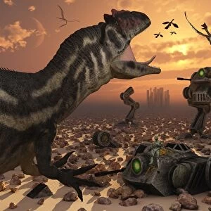 Dinosaurs and robots fight a war of the survival of the fittest