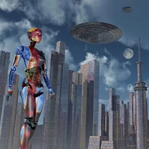 A futuristic city where robots and flying saucers are common place