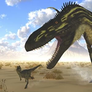 A gigantic Torvosaurus chasing two Dilophosaurus