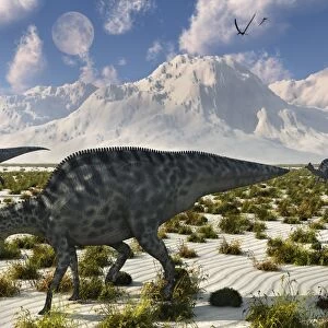 A herd of Velafrons hadrosaurid dinosaurs during the Cretaceous Period