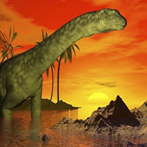 Large Argentinosaurus dinosaur in water at sunset