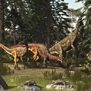 A late Triassic scene with Plateosaurus and Liliensternus dinosaurs