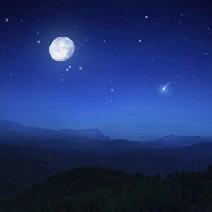 Mountain range on a misty night with moon, starry sky and falling meteorite