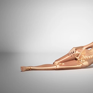 Naked woman laying down with skeletal bones superimposed