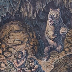 Neanderthal humans confronted by a cave bear