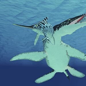 A pod of Eurhinosaurus marine reptiles try to evade the much larger Liopleurodon