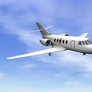 Private jet plane flying in cloudy blue sky