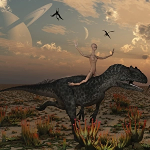 Reptoids race Allosaurus dinosaurs across the desert