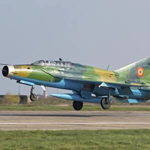 Romanian Air Force MiG-21UM Lancer-B landing on the runway