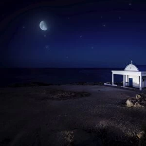 A small church at night with starry sky, Crete, Greece