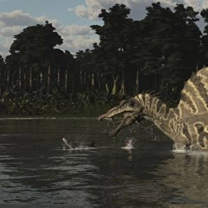 Spinosaurus hunting for fish in a lake