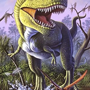 A Tyrannosaurus Rex crashes through a swamp