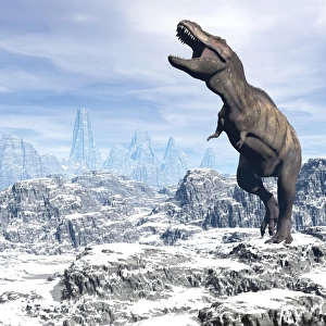 Tyrannosaurus Rex dinosaur in a snowy landscape